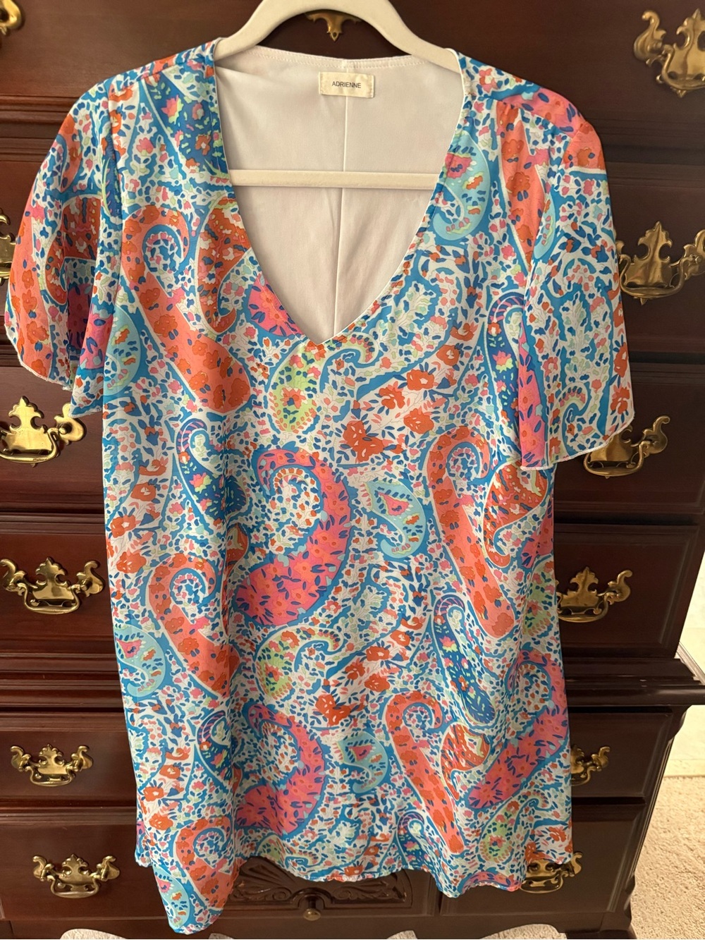 Adrienne Floral Paisley V-Neck Short Sleeve Dress — Blue & Coral